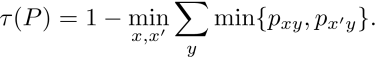 	\tau(P) = 1 - \min_{x,x'} \sum_{y} \min \{ p_{xy},p_{x'y} \}. 